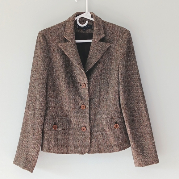 Anne Klein Wool Blazer Brown Tweed Tan Red Herringbone Pockets Lined Size 8 - Picture 1 of 13